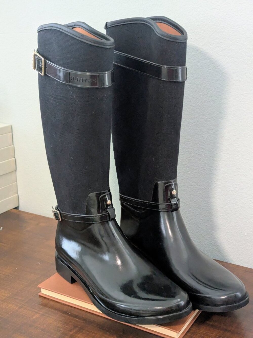 Hunter Regent Chancery Black Canvas & Patent Tall Rain Boots (US 10 / EU 42)